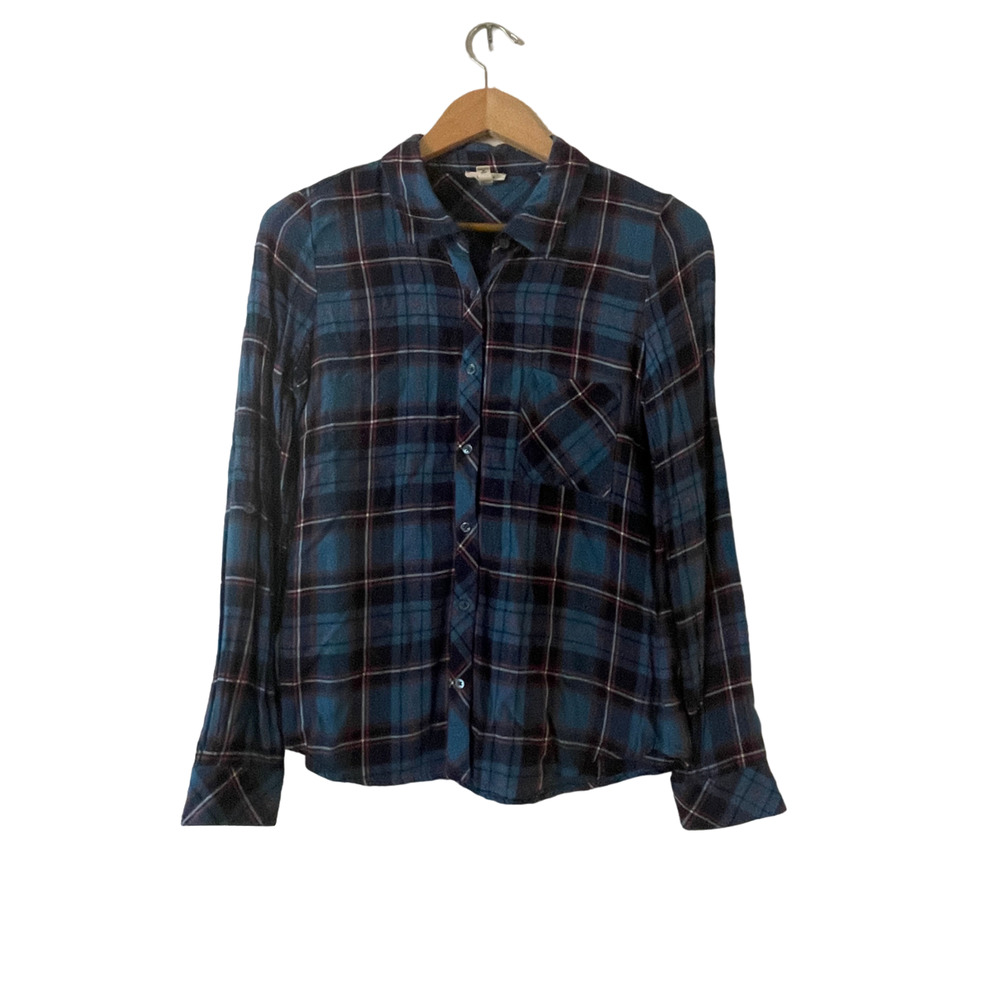 Soft Joie Plaid Button Down Shirt XS Blue Red Rayon Long‎ Sleeve